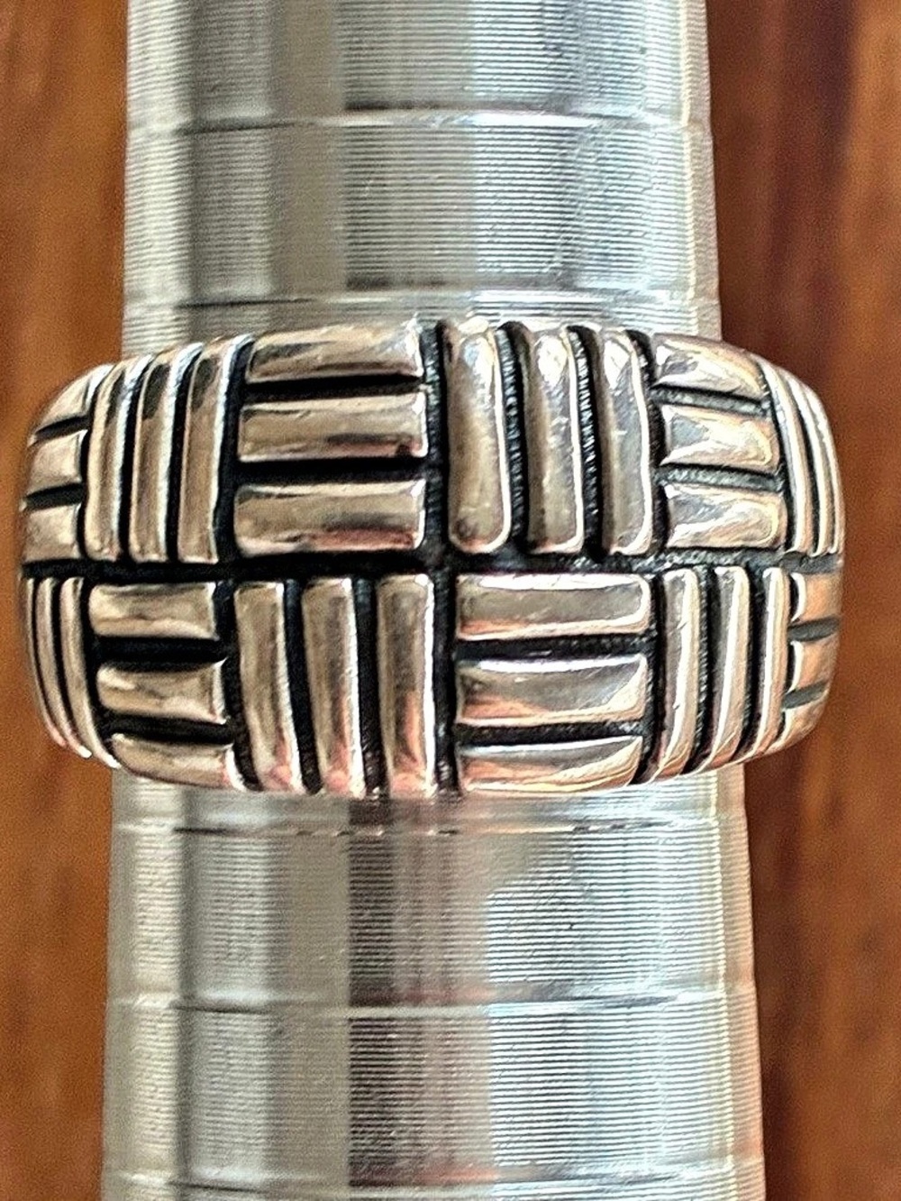 Chunky SU Geometric Basket Weave Sterling Silver Ring Size 8.5